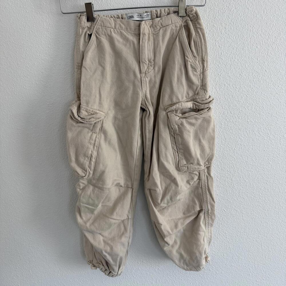 Zara Kids Cargo Utility Jogger Pants Sz 6 Pockets Bone Elastic Parachute Baggy